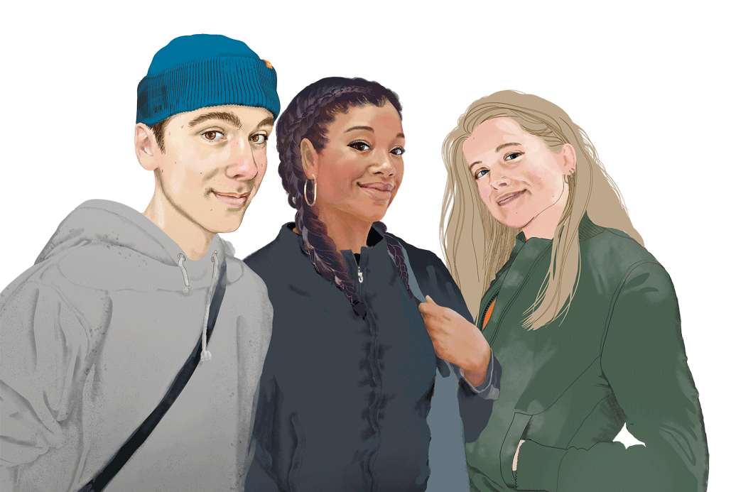 En illustration av en kille och två tjejer